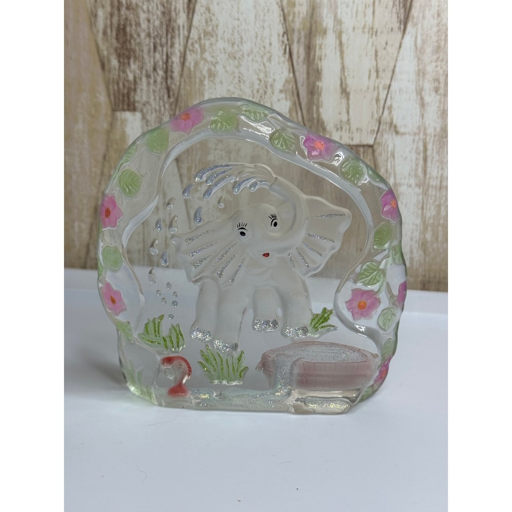 Clear Glass Elephant Figurine With Flowers and Glitter Accent Made in China